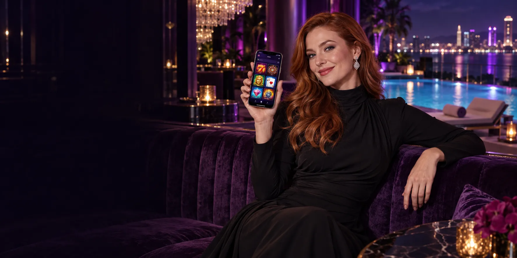 Woman holding a phone showing a casino lobby in a VIP nightclub booth