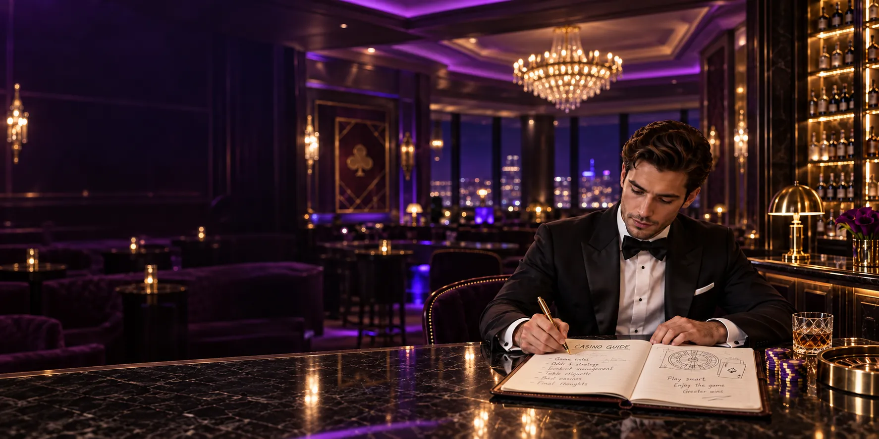 Man writing in a leather notebook at a private casino club bar