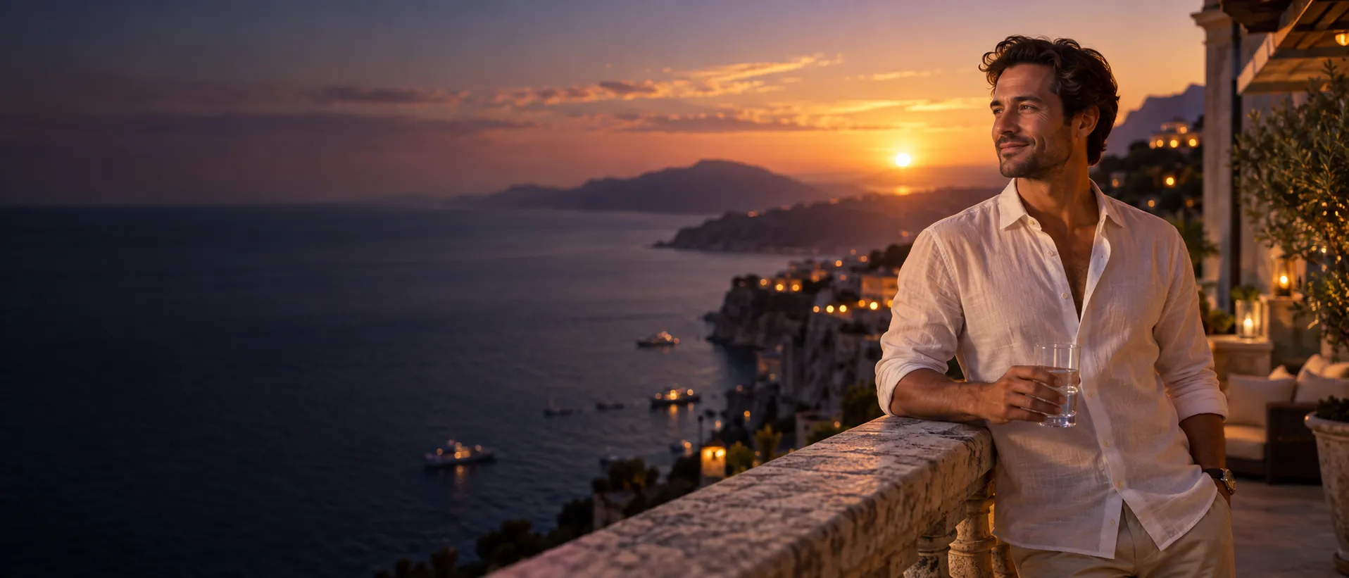 Relaxed man in a linen shirt at a cliffside terrace balustrade at sunset with a glass of water, calm and balanced play with Here2Win Casino