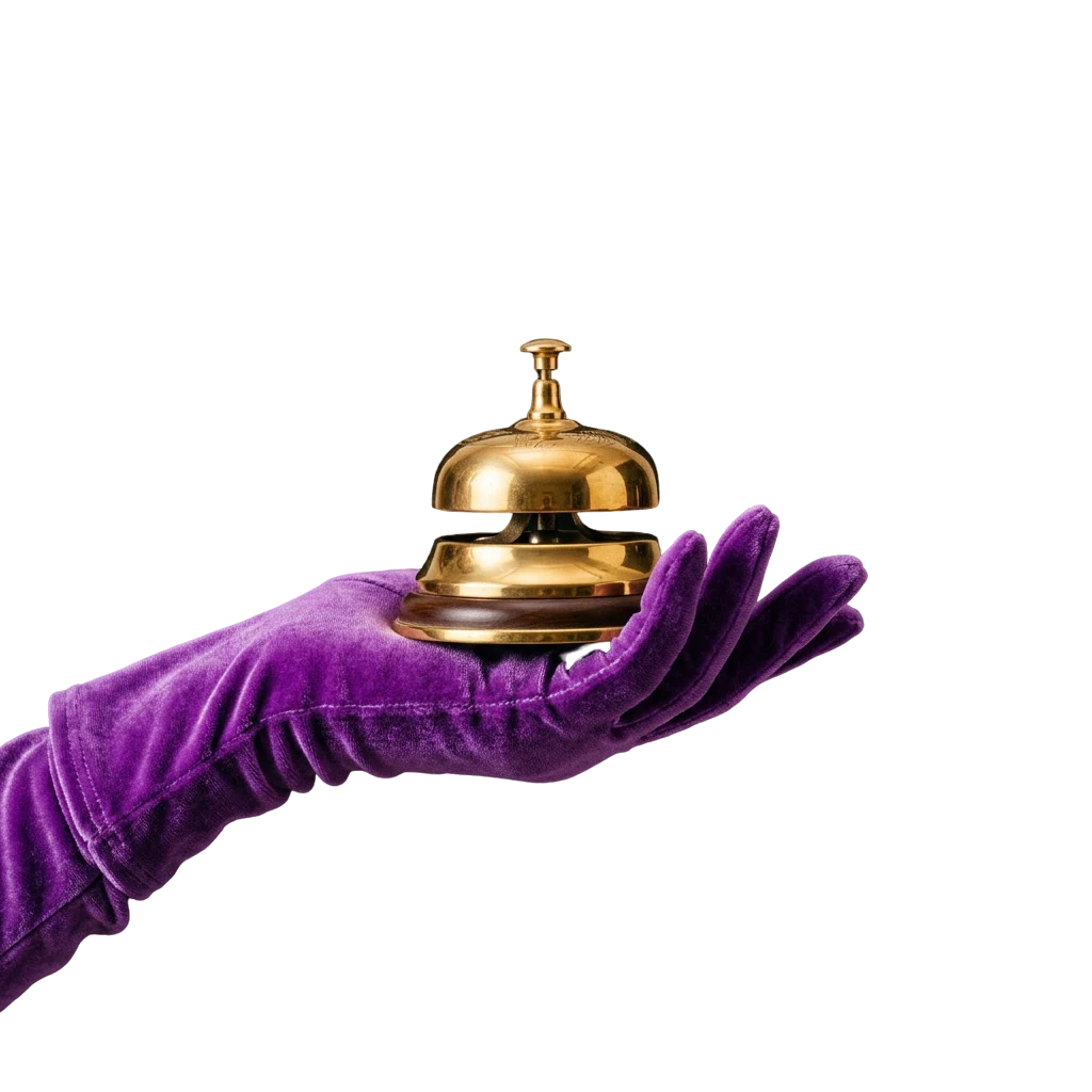 Hand in a violet satin glove holding a gold concierge bell, symbolising calling for casino support