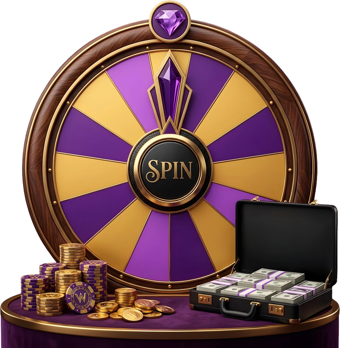 Gold-trimmed violet prize wheel, a fair stand-in for how volatility spreads a pokie's results wide or keeps them steady