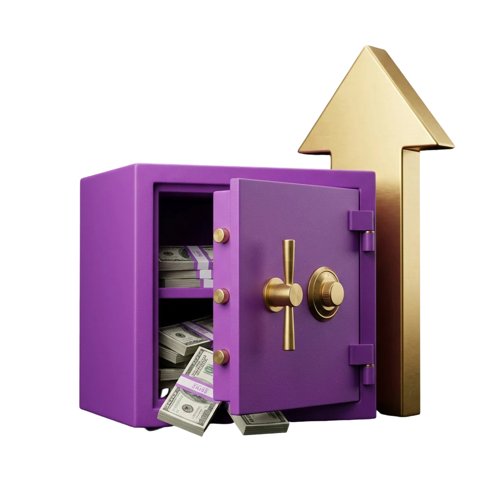 Purple fireproof safe with its door open and cash spilling out, representing a casino payout