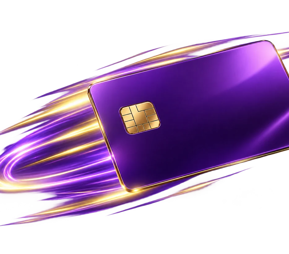 Mock purple Mastercard used to represent card payouts