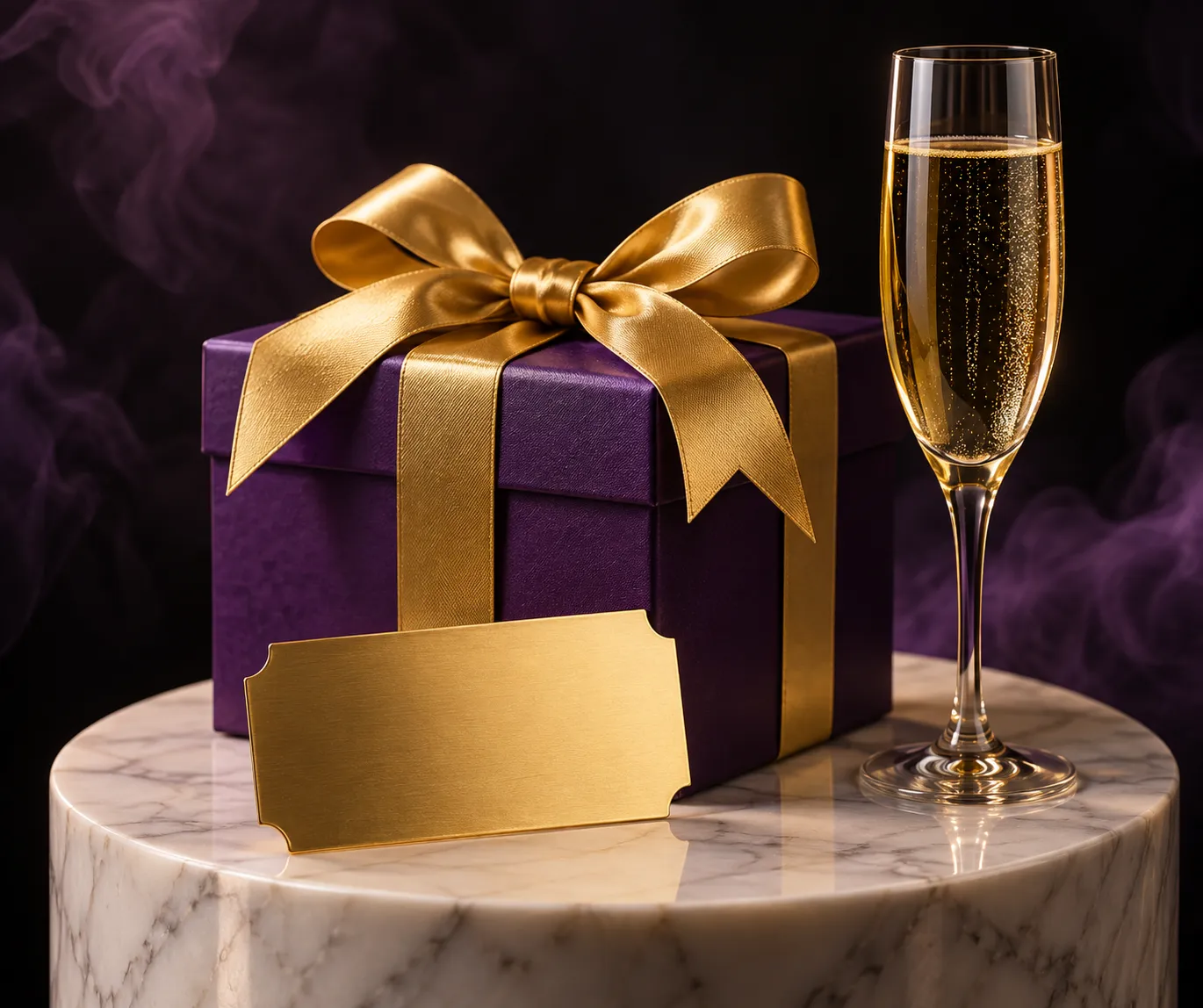 Gift box and ticket displayed on a pedestal, representing the Here2Win Casino bonus