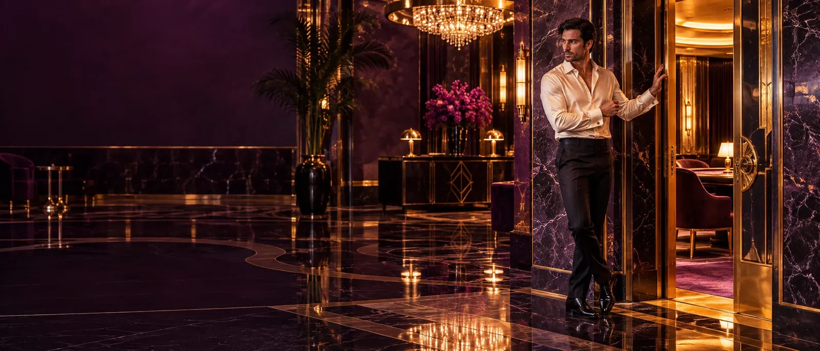 Man standing beside a glowing VIP doorway in an art-deco casino foyer