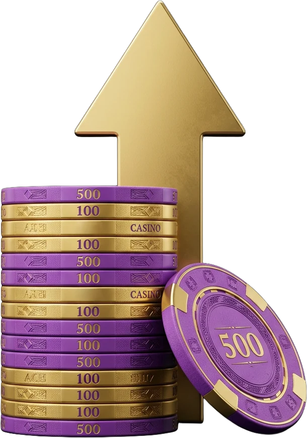 Stack of purple and gold casino chips beside a green felt table