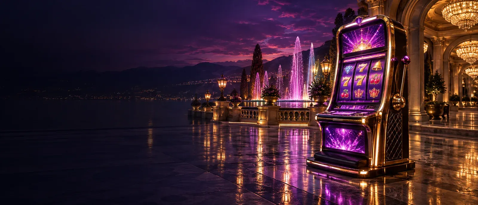 Glowing jackpot machine beside dancing fountains on an open-air casino plaza
