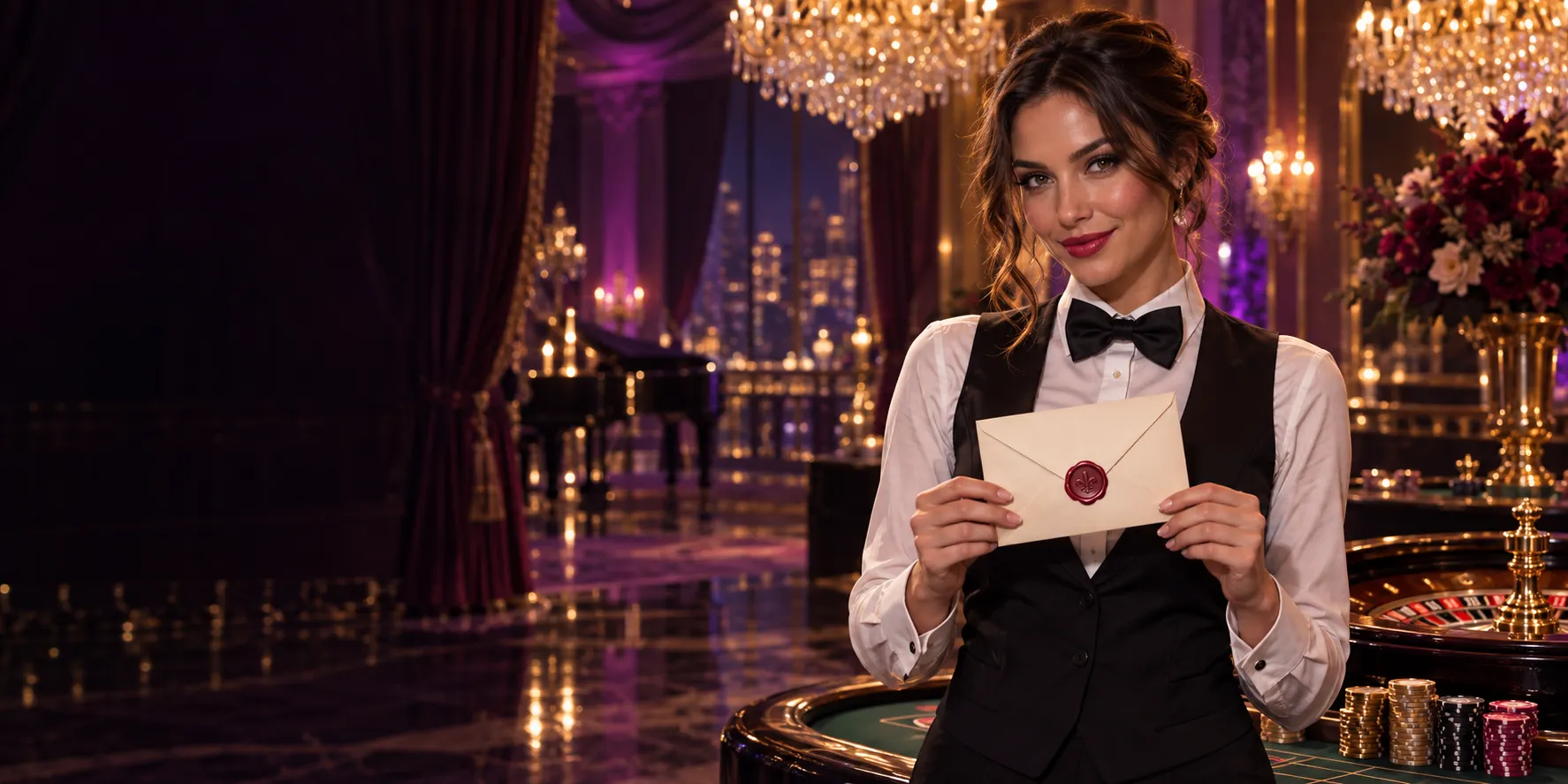 Croupier holding a wax-sealed envelope in a glittering ballroom