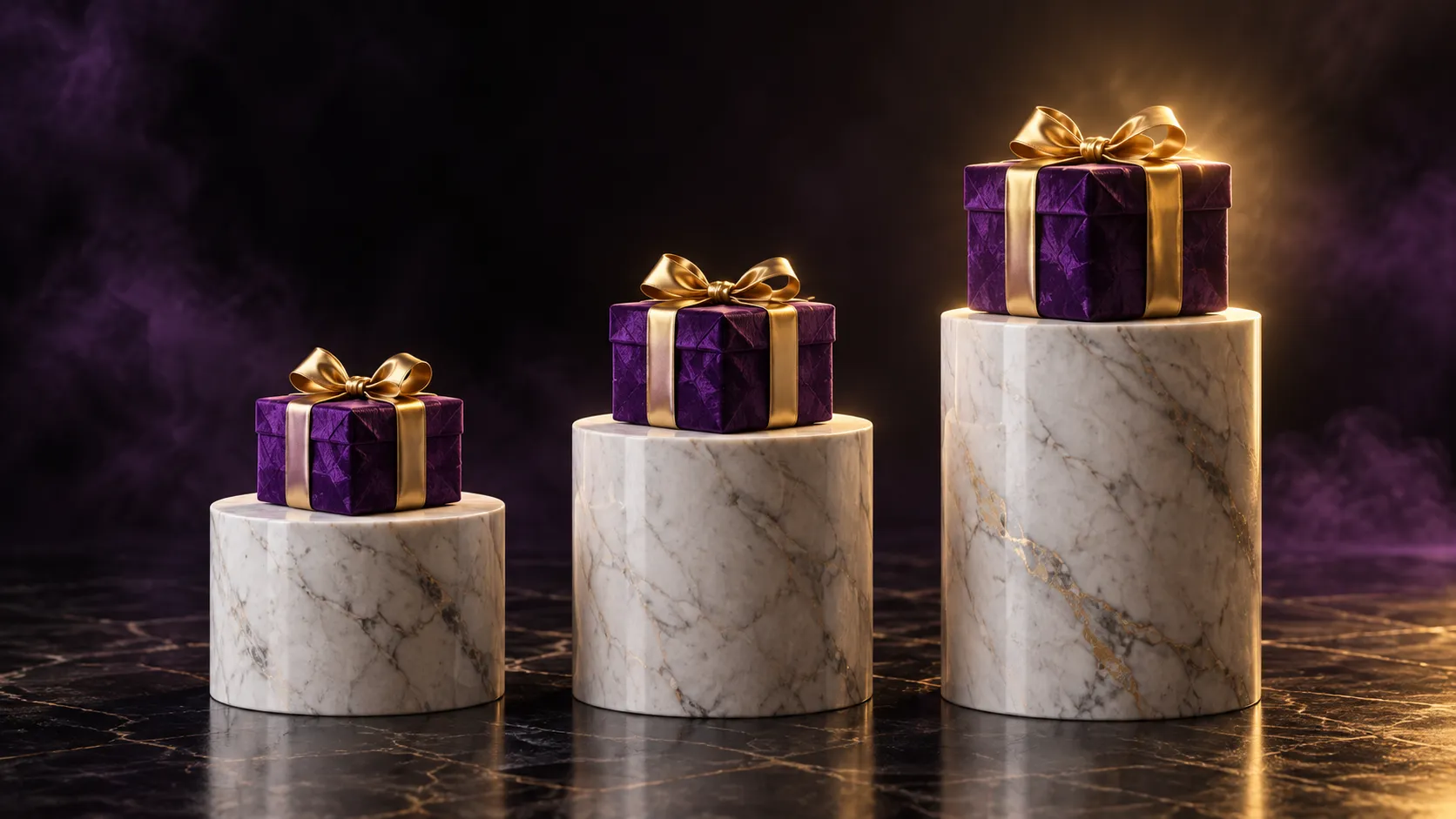 Three plinths representing the four-step Here2Win Casino welcome package
