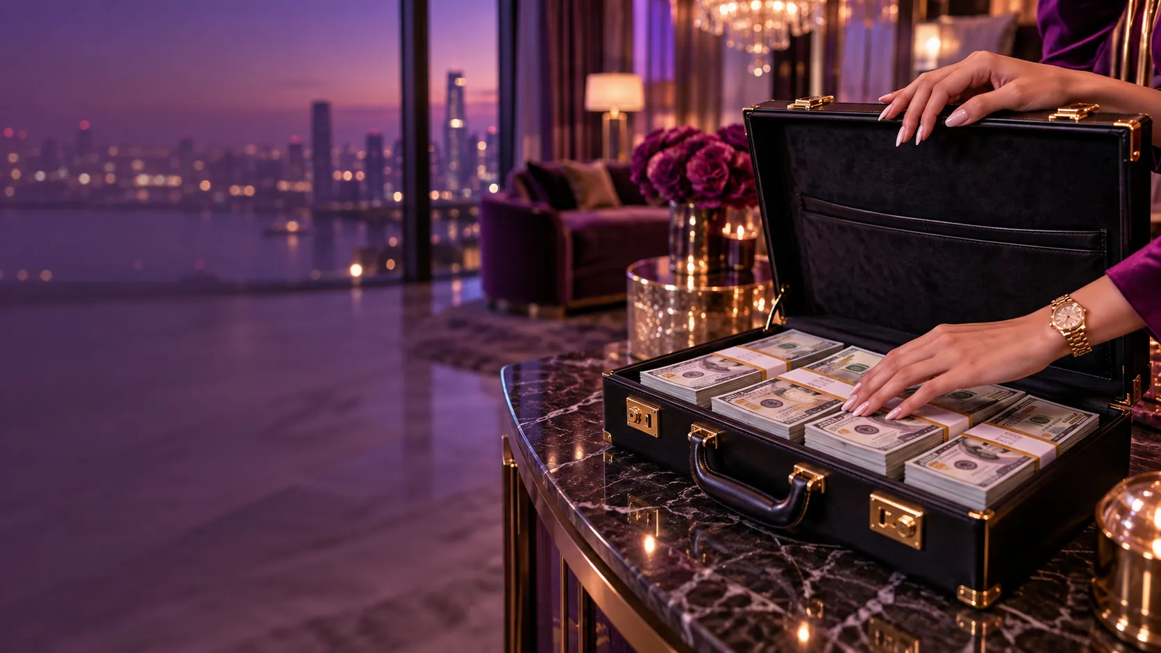 Elegant hands resting on a briefcase of banknotes in a hotel suite, standing in for a Here2Win Casino payout